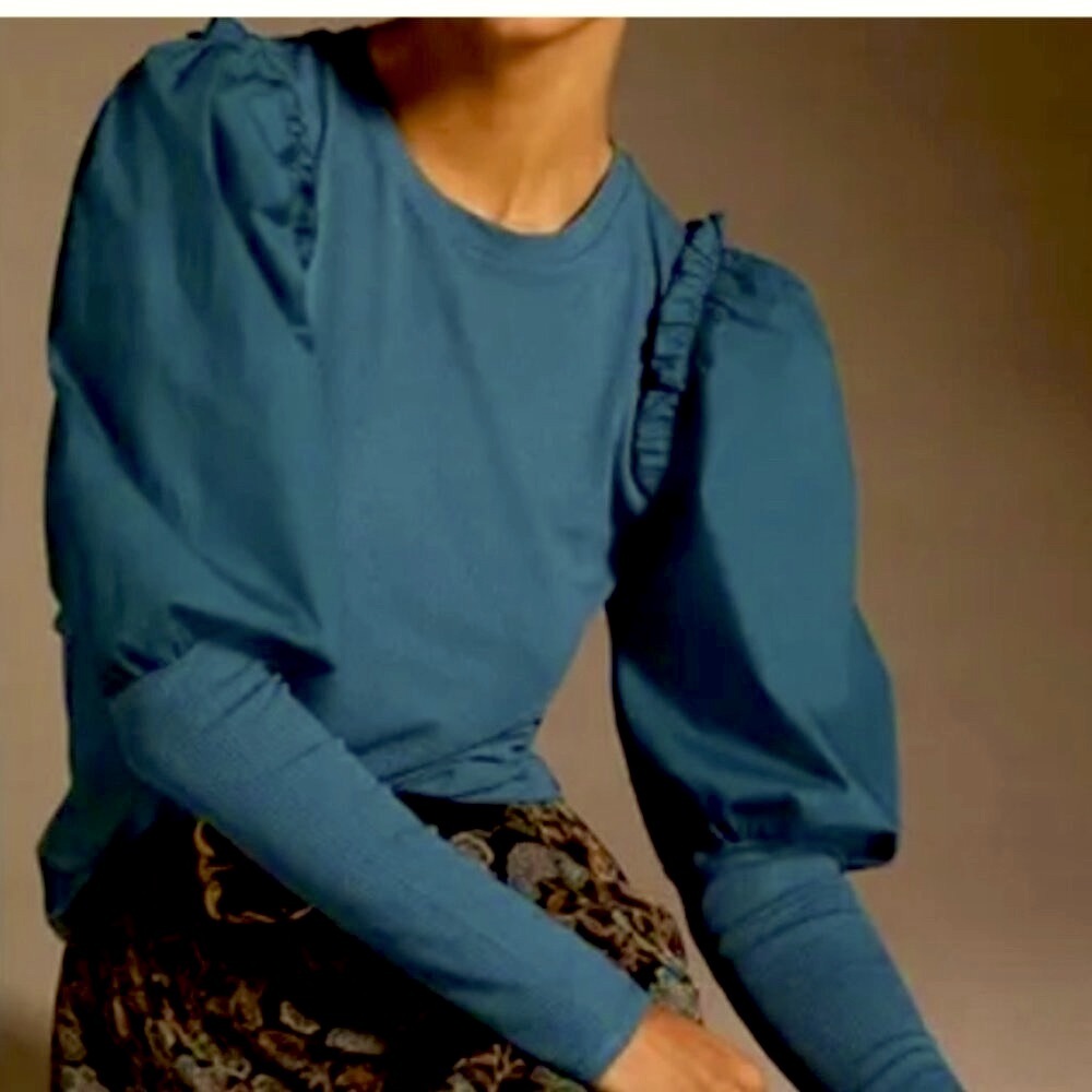 Anthropologie Sunday in Brooklyn Top Ribbed Puff Sleeve Mixed Media Teal Sz M